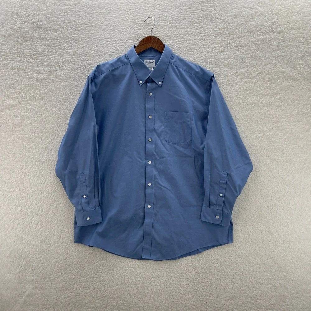 LL Bean Shirt Mens 17 33 Blue Pinpoint Oxford OCBD Long Sleeve Preppy Office
